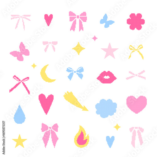 Pixels elements set. Bow, ribbon, heart, flower, butterfly, star. Y2k style icons