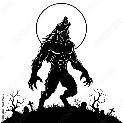 Terrifying werewolf howling at the moon in silhouette against a spooky graveyard backdrop for eerie Halloween designs and mythical horror concepts, perfect for thrilling projects