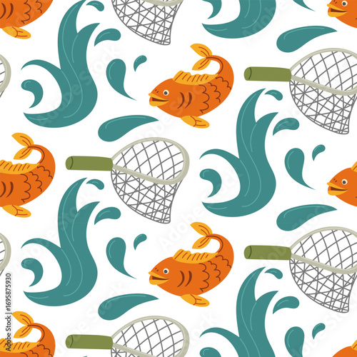 Pattern of a fishing net, splashes, and golden fish on white. Flat color seamless texture. Large fishing net. Large fish. Design for picnic, camping, hunting, and fishing packages