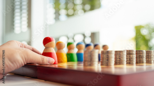 Fototapeta Naklejka Na Ścianę i Meble -  Hand selecting a wooden figure from diverse group toward stacked coins, symbolizing economic opportunity, income inequality, human capital investment, labor value, and selective financial access.