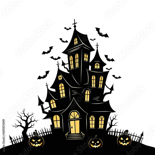 Wallpaper Mural Eerie Halloween haunted house with bats flying around, glowing jack-o'-lanterns, perfect for spooky season designs, party invitations, or creepy holiday decorations Torontodigital.ca