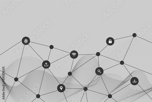 Futuristic technology background showing interconnected nodes with flat icons, symbolizing data, security, internet and digital communication
