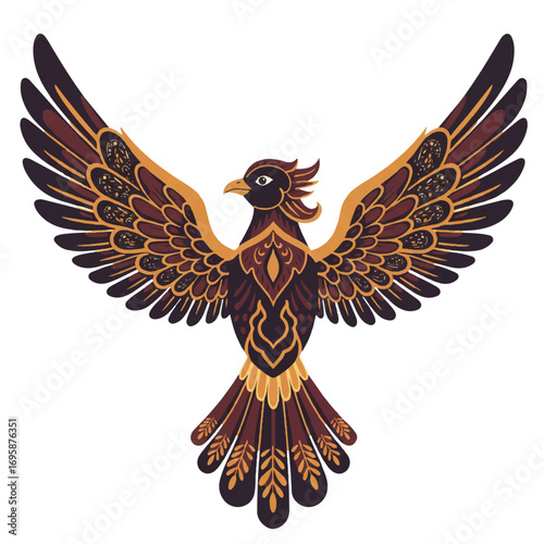 Serene stylized mythical bird featuring intricate batik patterned wings, presented as a clean 2D flat vector illustration rendered in solid colors, celebrating World Batik Day on white.