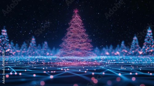 Futuristic Neon Christmas Tree in a Glowing Digital Forest with Dazzling Particle Effects and Vibrant Colors