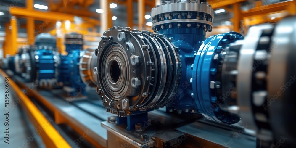 Fototapeta premium Intricate industrial machinery components are displayed on an assembly line, ready for manufacturing and production.