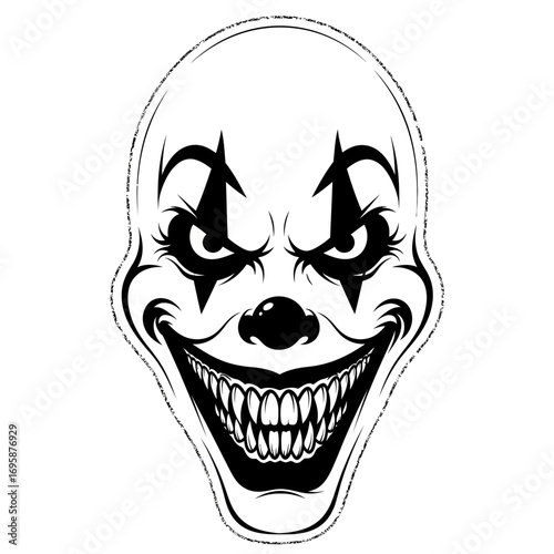 Sinister clown face with menacing smile, perfect for Halloween designs and scary themes, adding a touch of chilling horror to your projects with a truly frightening presence
