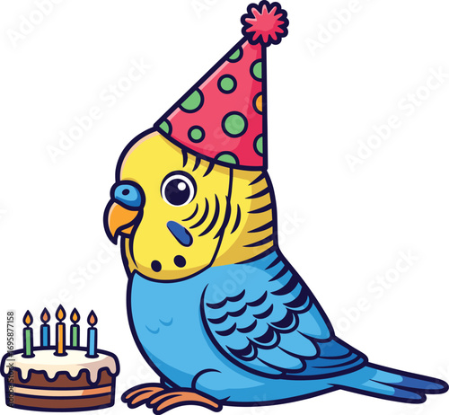 Cute blue budgie wearing a party hat next to a birthday cake
