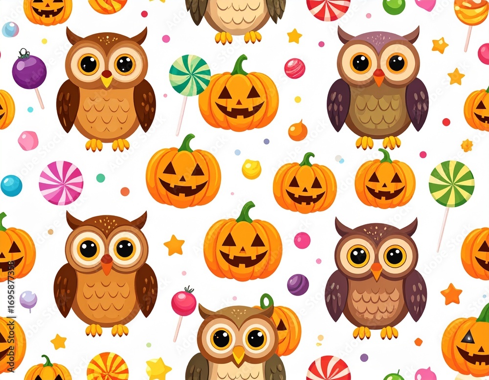 Obraz premium Cute Halloween background with cartoon owls, jack o'lantern pumpkins, and candy pattern