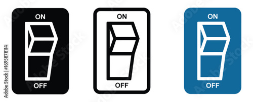 Simple power switch icons showing ON and OFF states in black, white, and blue for clear visual communication of control and activation in technology and design projects.