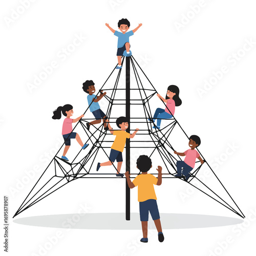 Diverse children are joyfully playing and interacting on a large climbing structure, depicted in a vibrant 2D flat vector illustration with minimalist clean lines and solid colors.