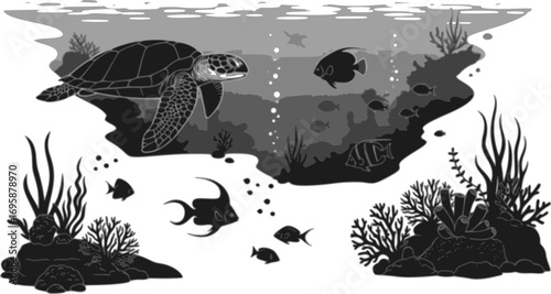 Underwater Seascape Silhouette – Marine Fish, Sea Turtles, Corals, Algae, Ocean Life, Marine Nature, Flora and Fauna Isolated Vector Illustration on White Background