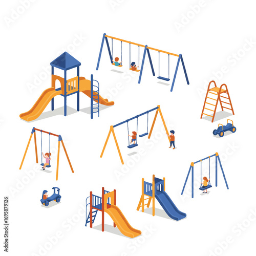 Colorful children's playground full of happy kids playing on slides, swings, and climbing frames, depicted as a clean 2D flat vector illustration on a white background.