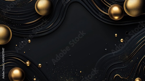 Elegant black and gold abstract background with flowing lines and spheres for luxury designs