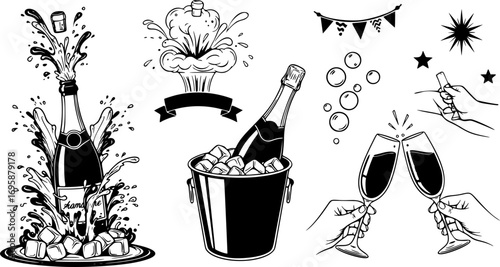 set of Champagne. Set different champagne explosion, champagne bottle in bucket with ice. Hands holding glasses of champagne. Elements festive. Isolated contour. Vector
