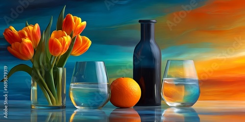 Watercolor Still Life with Tulips, Orange, and Glassware