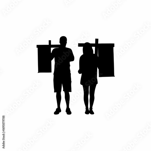 Couple comparing prices at market stalls silhouette