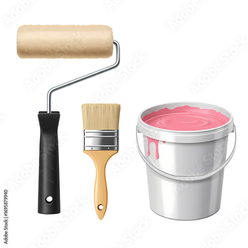 Paint Roller, Brush, and Pink Paint Bucket isolated on transparent background