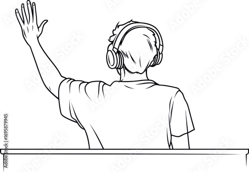 A continuous single line forms a person engaged in teaching, coaching, and presenting, with others writing on a board to convey information, depicted in a modern flat line illustration