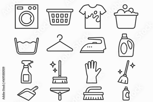 Laundry and Cleaning Icons Set – Washing, Ironing and Housekeeping Tools