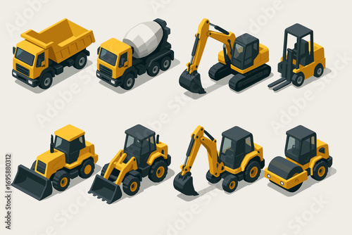 Isometric Construction Vehicles Set – Excavator, Bulldozer, Forklift, Cement Mixer, Dump Truck