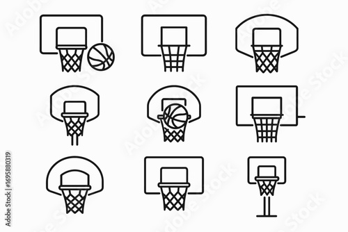 Basketball Hoop Icons Set – Backboard and Net with Ball