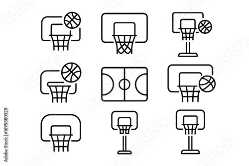 Basketball Hoop Icons Set – Backboard and Net with Ball