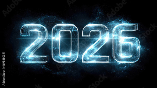 Futuristic Glowing Neon Year 2026 with Electric Energy on Black