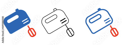 A collection of black and blue hand mixers isolated on a white background