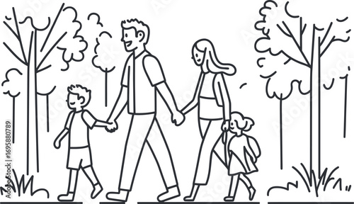 A continuous line drawing depicts a family with the father, mother, daughter, and son all holding hands