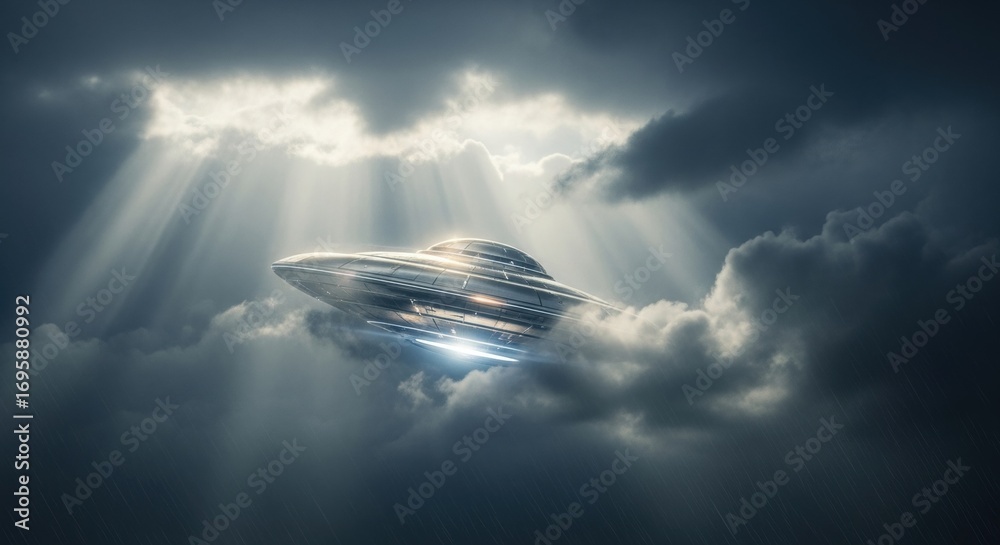 Obraz premium Shiny metallic unidentified flying object appearing through dark storm clouds with bright light beams. Extraterrestrial spaceship concept.