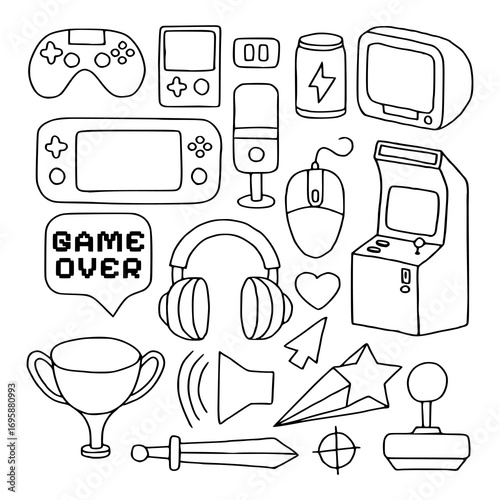 Collection of doodle line art gaming illustrations set with console, joystick, arcade machine, headphones, trophy, sword, and entertainment elements.