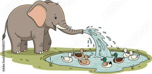Cute cartoon elephant spraying water from trunk into a pond