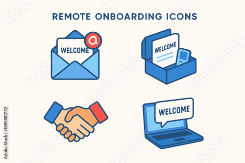Remote Onboarding Icons Set – Welcome Email, Laptop and New Hire Kit