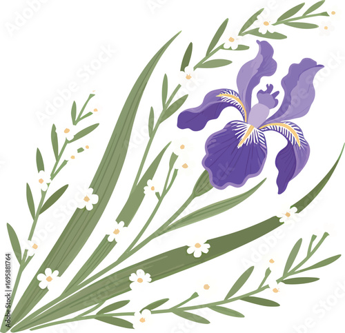 Beautiful purple iris flower surrounded by delicate greenery.