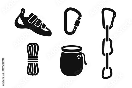 Rock Climbing black Icons Set – Rope, Carabiner, Shoes and Chalk Bag