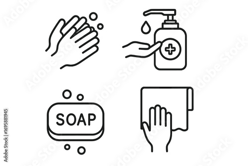 Hand Hygiene Icons Set – Washing, Soap, Sanitizer and Cleaning