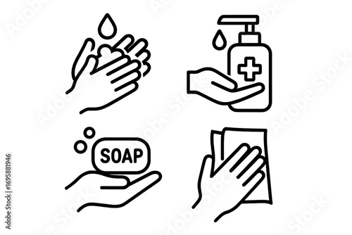 Hand Hygiene Icons Set – Washing, Soap, Sanitizer and Cleaning