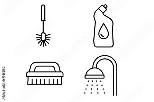 Cleaning Icons Set – Brush, Detergent, Scrubber and Shower