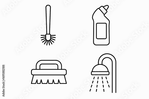 Cleaning Icons Set – Brush, Detergent, Scrubber and Shower