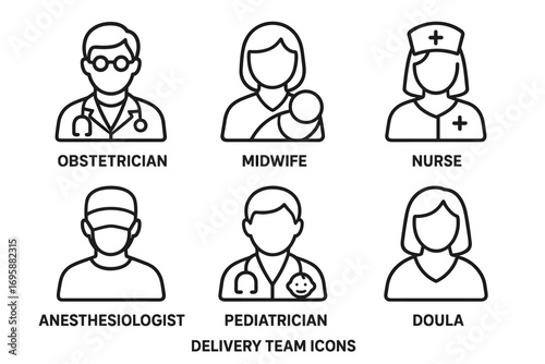Medical Delivery Team Icons Set – Obstetrician, Midwife, Nurse and Pediatric Care