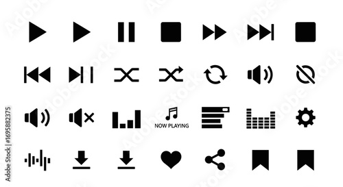 Collection of black and white music player icons, including play, pause, skip, shuffle, and volume controls.