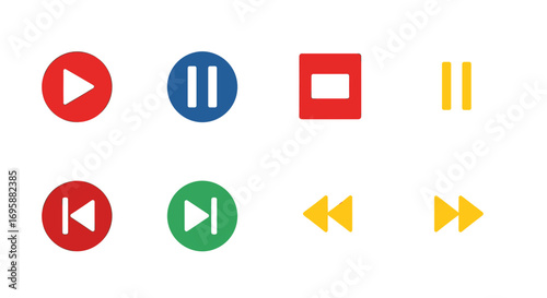 A collection of eight colorful flat design media player control icons, including play, pause, stop, next, and previous buttons, on a white background.