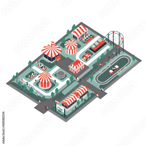 A vibrant 2D flat vector illustration presents an overhead stylized map of a cheerful amusement park, featuring minimalist clean lines and solid colors, isolated on a white background.