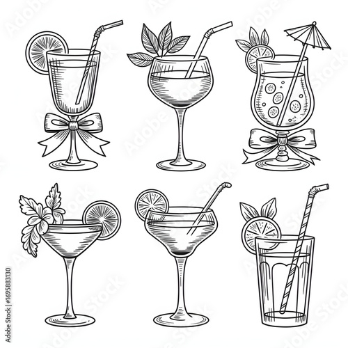 Tropical Cocktail Glasses Clipart Set | Summer Drinks, Fruit Garnish, Party, Refreshing Beverages, Summer Vibes, Drink Icons Line art