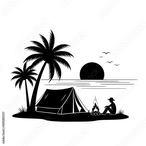 Silhouette of a tropical beach campsite with palm trees a tent a campfire and a person sitting by the sea at sunset isolated on white background