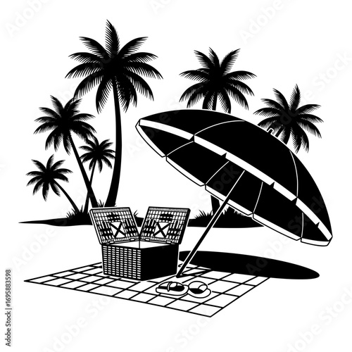 Tropical beach scene with palm trees beach chairs and umbrella on a checkered blanket isolated on white background