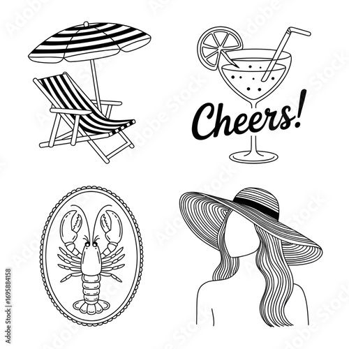 Sun, Lounge Chair, Drink, Lobster, Woman in Hat, Cheers coloring page