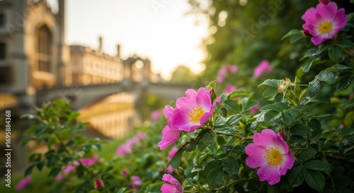 Vibrant pink wild roses with morning dew drops in the foreground, beautifully contrasting with a softly blurred historic college building and bridge bathed in warm sunlight.