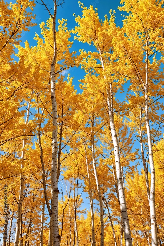 Fototapeta premium A forest of yellow birch trees with a blue sky in the background