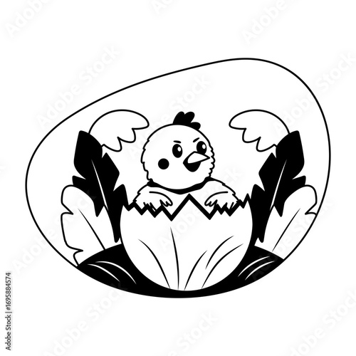 Glyph illustration of a chick hatching from an easter egg 